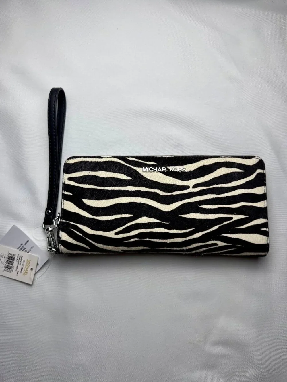 Michael Kors Jet Set Travel Zebra Print Calf Hair Continental Wallet Black White